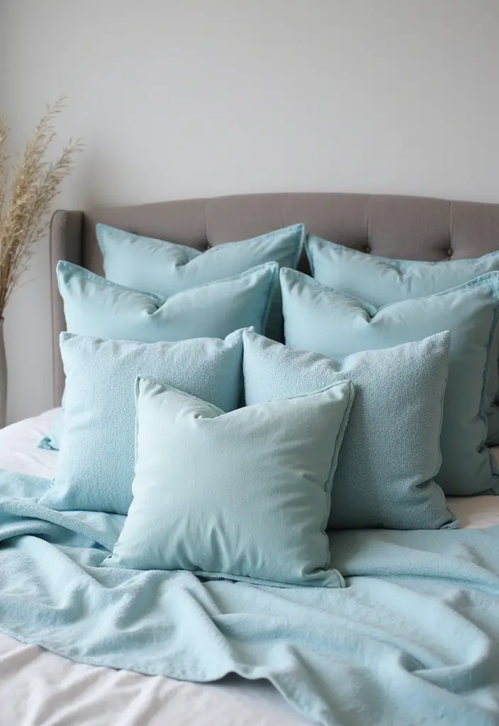 30 Dusty Blue Bedroom Ideas That Feel Calm & Sophisticated - 17. Dusty Blue Throw Pillows