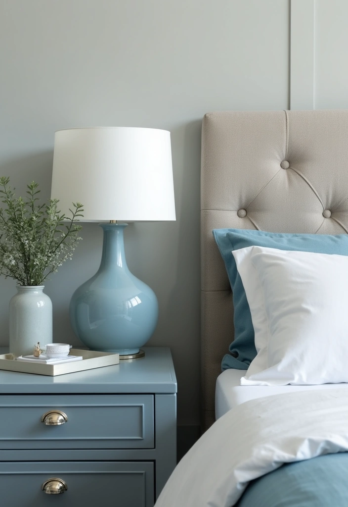 30 Dusty Blue Bedroom Ideas That Feel Calm & Sophisticated - 30. Dusty Blue Bedside Accessories