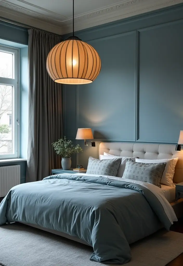 30 Dusty Blue Bedroom Ideas That Feel Calm & Sophisticated - 9. Statement Lighting