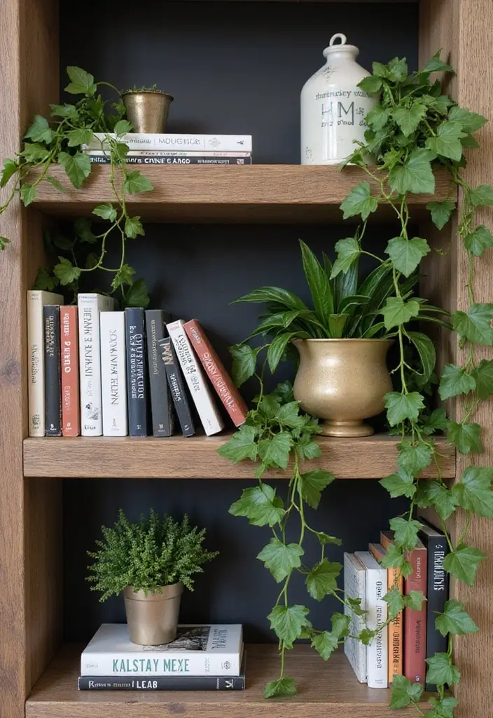 30 Fake Ivy Decor Bedroom Ideas That Bring Nature Inside - 12. Ivy-Covered Bookshelves