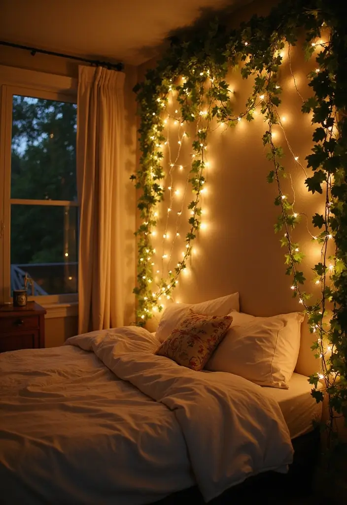 30 Fake Ivy Decor Bedroom Ideas That Bring Nature Inside - 2. Ivy-Wrapped String Lights