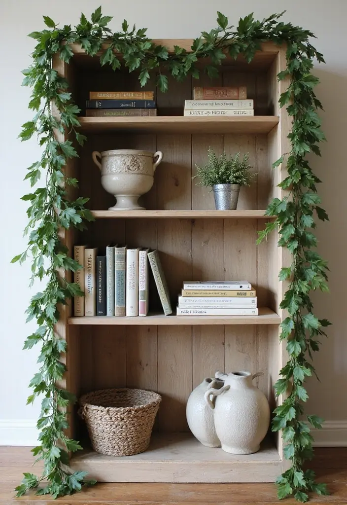 30 Fake Ivy Decor Bedroom Ideas That Bring Nature Inside - 4. Faux Ivy Garland on Shelves