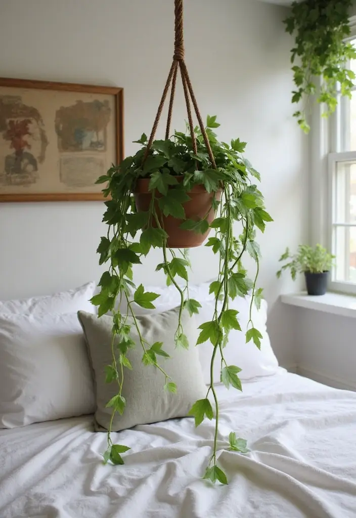 30 Fake Ivy Decor Bedroom Ideas That Bring Nature Inside - 5. Ivy in a Hanging Planter