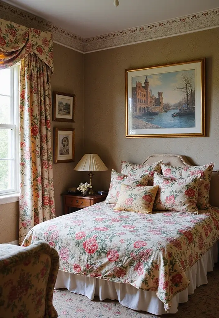 30 Modern Victorian Bedroom Ideas That Blend Old and New Perfectly - 15. Artistic Prints and Fabrics