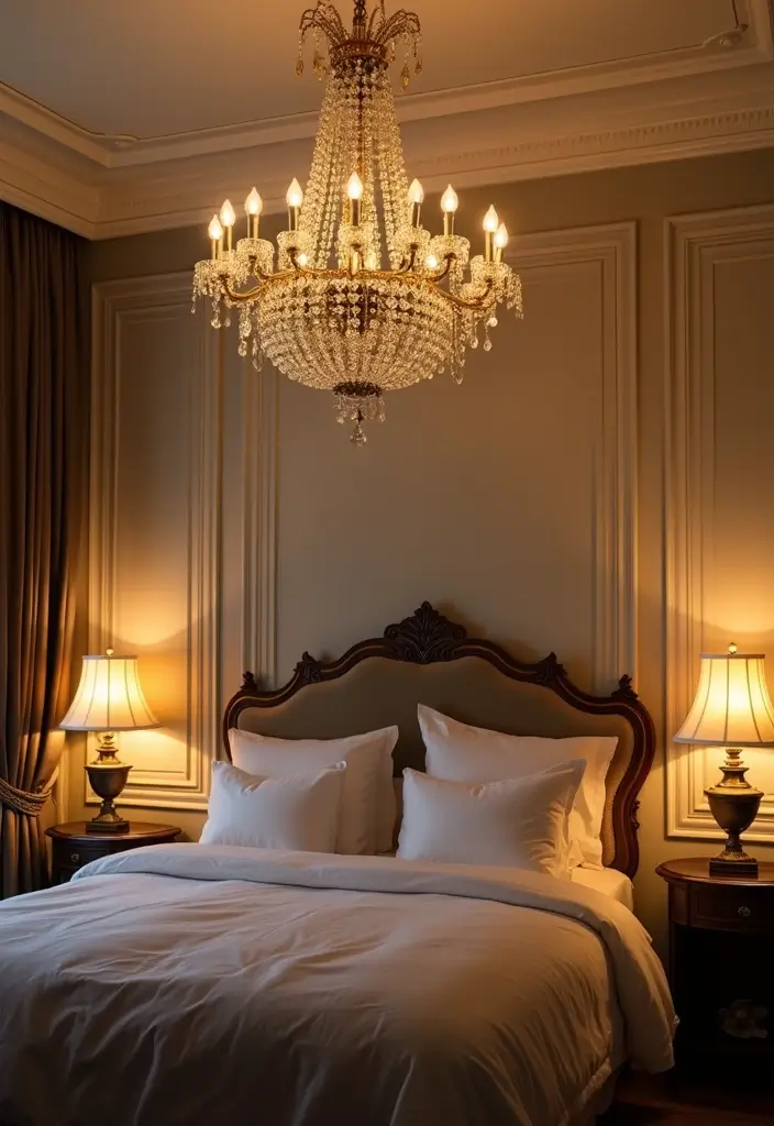 30 Modern Victorian Bedroom Ideas That Blend Old and New Perfectly - 6. Crystal and Brass Accents