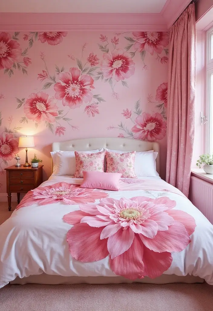 30 Pink Bedroom Ideas for Kids That Are Adorable and Playful - 22. Bright and Bold Floral