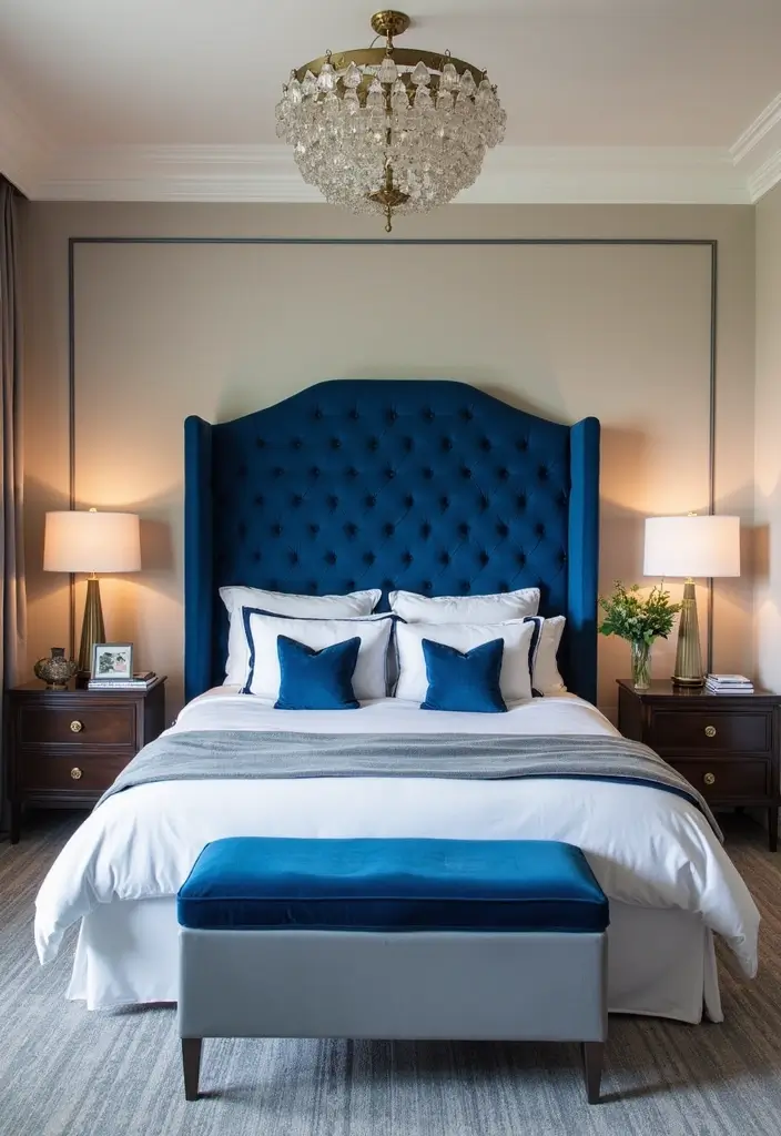 30 Royal Blue Room Ideas Bedroom That Feel Elegant & Relaxing - 12. Royal Blue Headboard