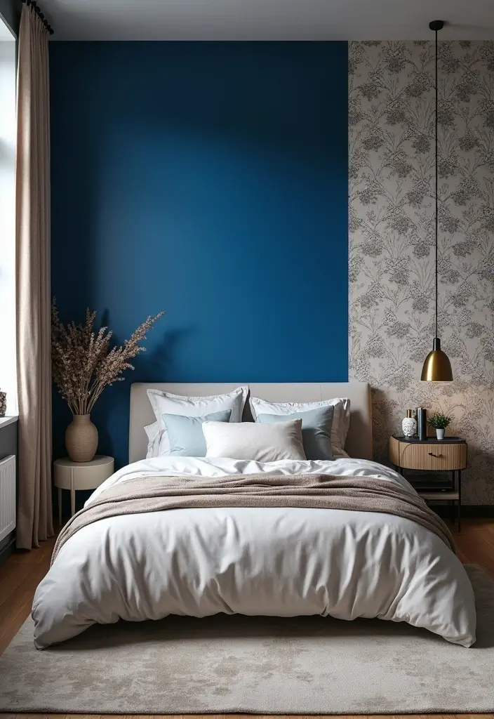 30 Royal Blue Room Ideas Bedroom That Feel Elegant & Relaxing - 14. Royal Blue Accent Wall with Wallpaper
