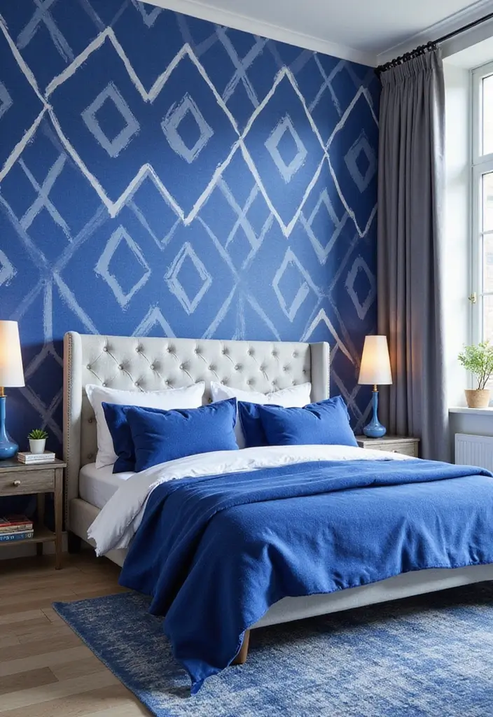 30 Royal Blue Room Ideas Bedroom That Feel Elegant & Relaxing - 25. Royal Blue with Geometric Patterns