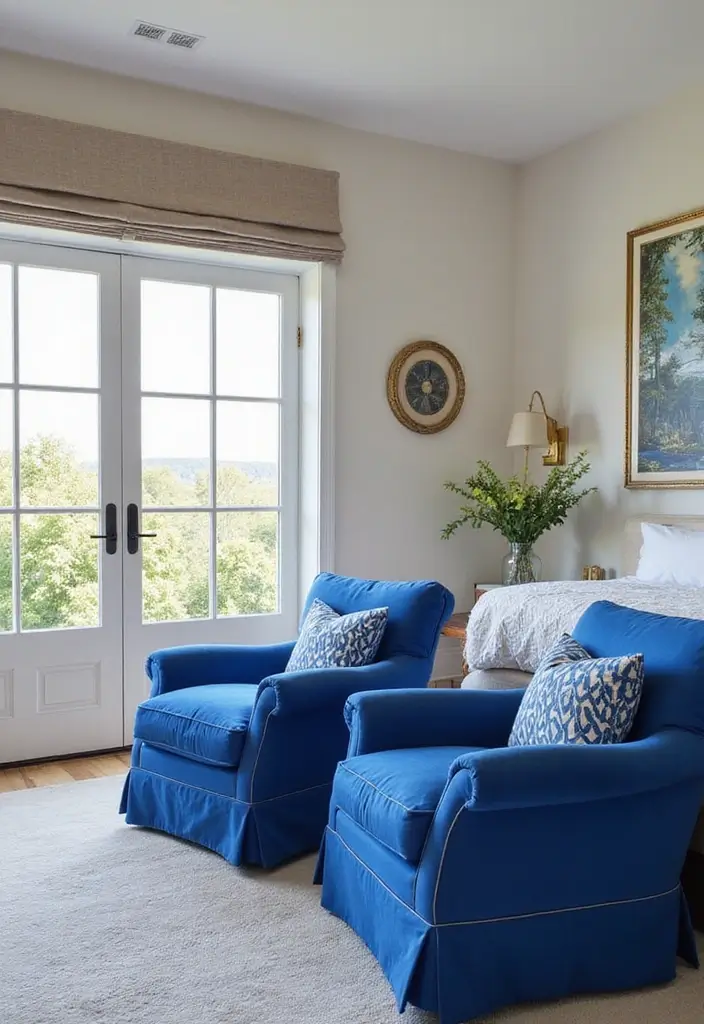 30 Royal Blue Room Ideas Bedroom That Feel Elegant & Relaxing - 30. Royal Blue Accent Chairs