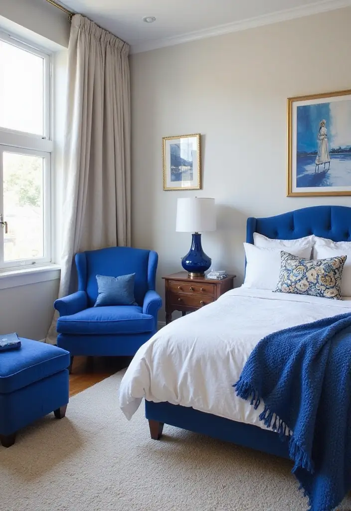 30 Royal Blue Room Ideas Bedroom That Feel Elegant & Relaxing - 8. Royal Blue Accent Furniture