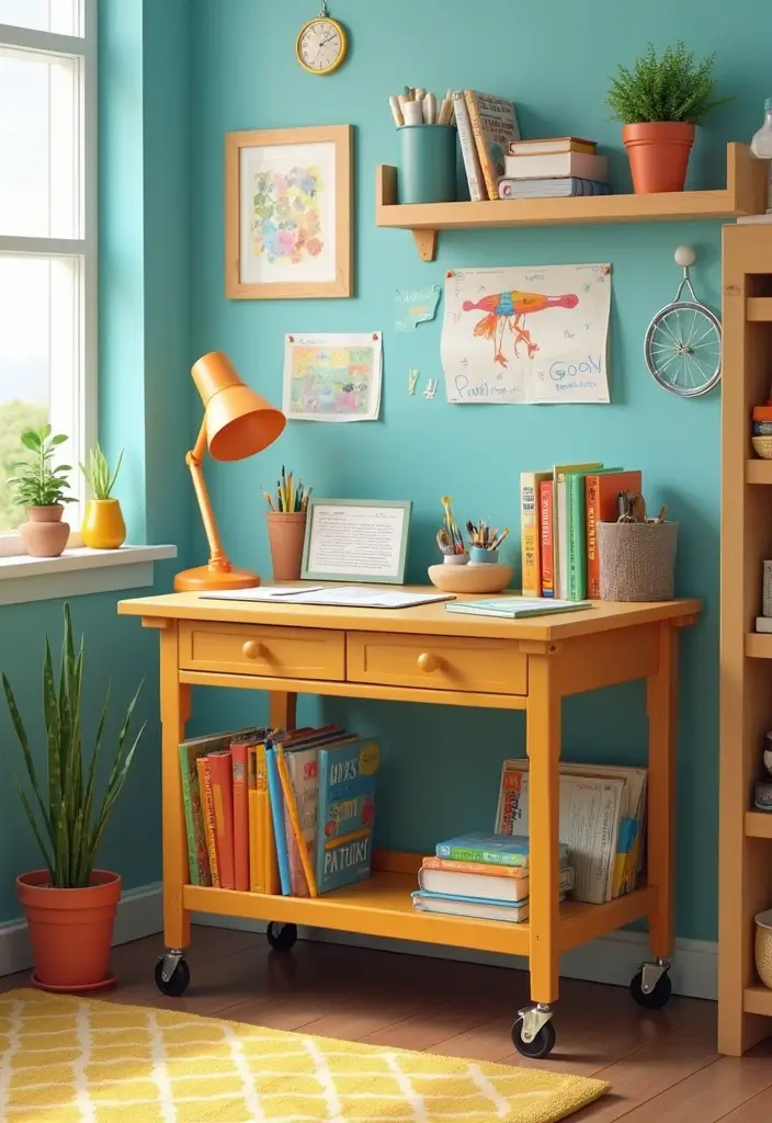30 Utility Cart Ideas Bedroom That Keep Things Tidy & Mobile - 14. Kid's Study Station