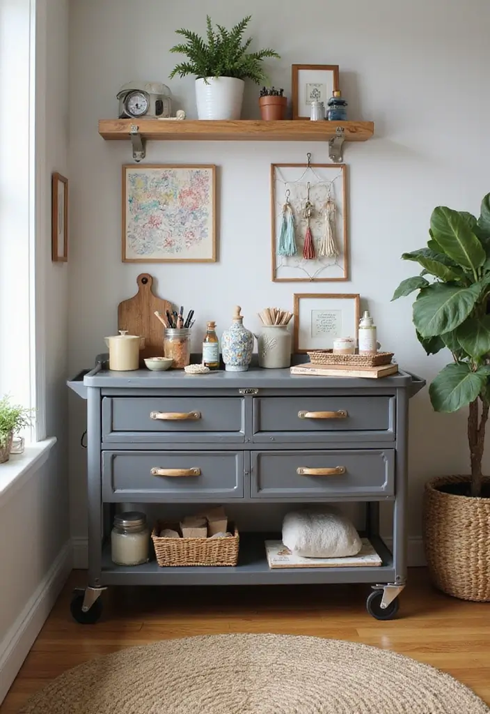 30 Utility Cart Ideas Bedroom That Keep Things Tidy & Mobile - 20. Hobby Corner Cart