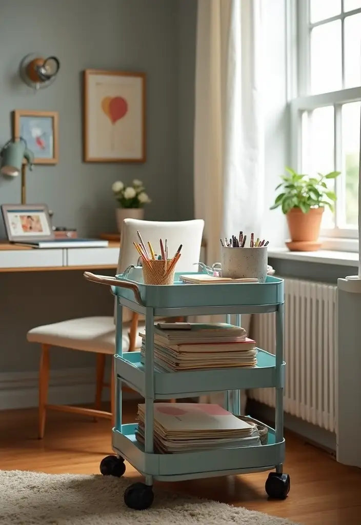 30 Utility Cart Ideas Bedroom That Keep Things Tidy & Mobile - 26. Desk Supplies Mobile Station