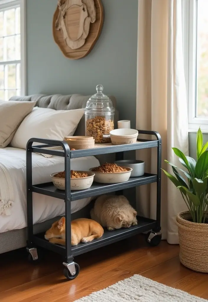 30 Utility Cart Ideas Bedroom That Keep Things Tidy & Mobile - 28. Mobile Pet Food Station