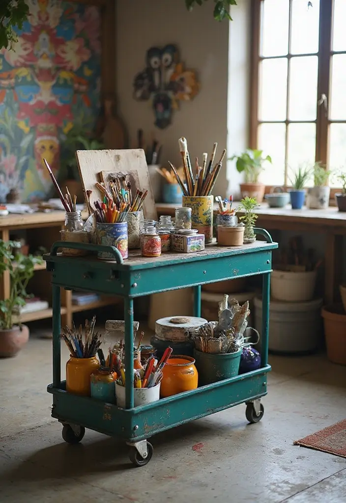 30 Utility Cart Ideas Bedroom That Keep Things Tidy & Mobile - 7. Art Organizer on Wheels