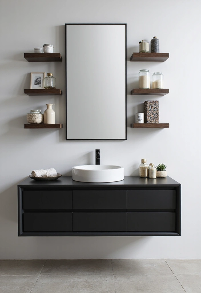 30 Vanity Ideas Bedroom Black That Add Bold Glamour - 11. Floating Shelf Vanity Combo