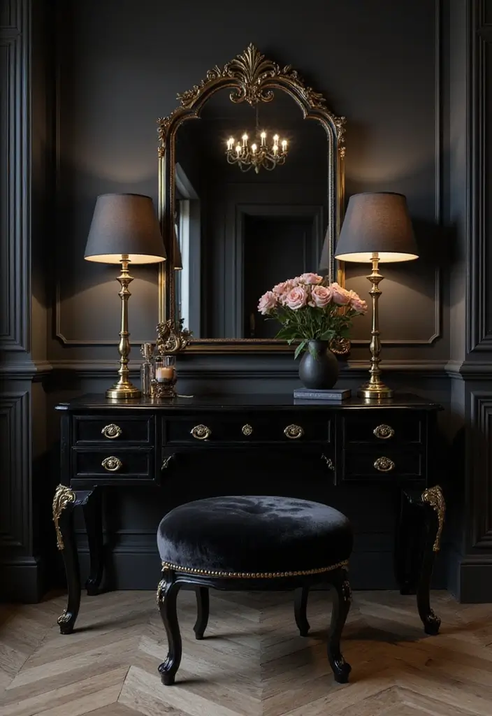 30 Vanity Ideas Bedroom Black That Add Bold Glamour - 12. Vintage Glam with Black Velvet