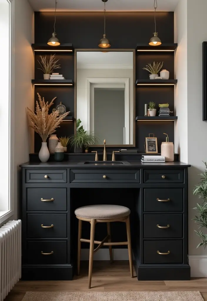 30 Vanity Ideas Bedroom Black That Add Bold Glamour - 13. Integrated Makeup Station