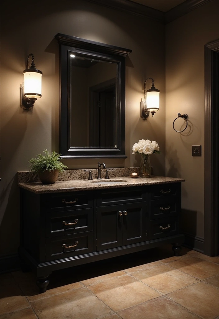 30 Vanity Ideas Bedroom Black That Add Bold Glamour - 16. Layered Lighting Solutions