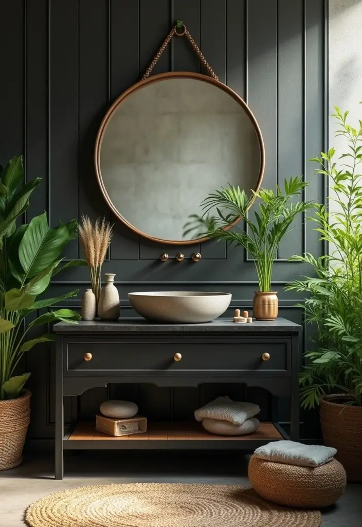 30 Vanity Ideas Bedroom Black That Add Bold Glamour - 19. Nature-Inspired Black Vanity