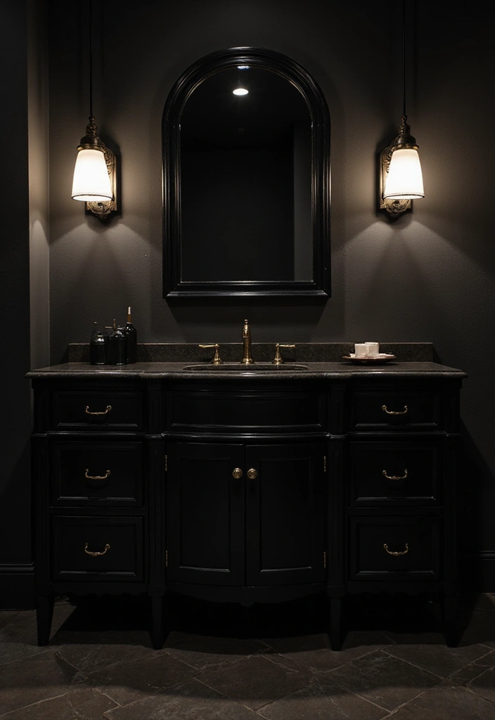 30 Vanity Ideas Bedroom Black That Add Bold Glamour - 23. Statement Lighting Choices