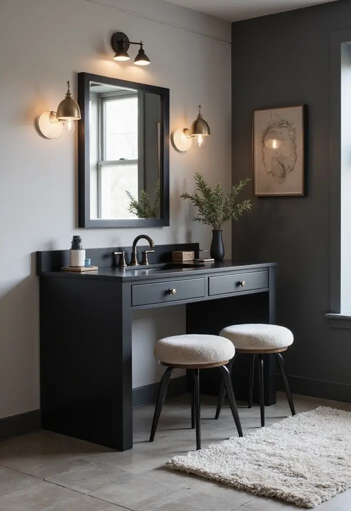 30 Vanity Ideas Bedroom Black That Add Bold Glamour - 28. Functional Yet Stylish Stools