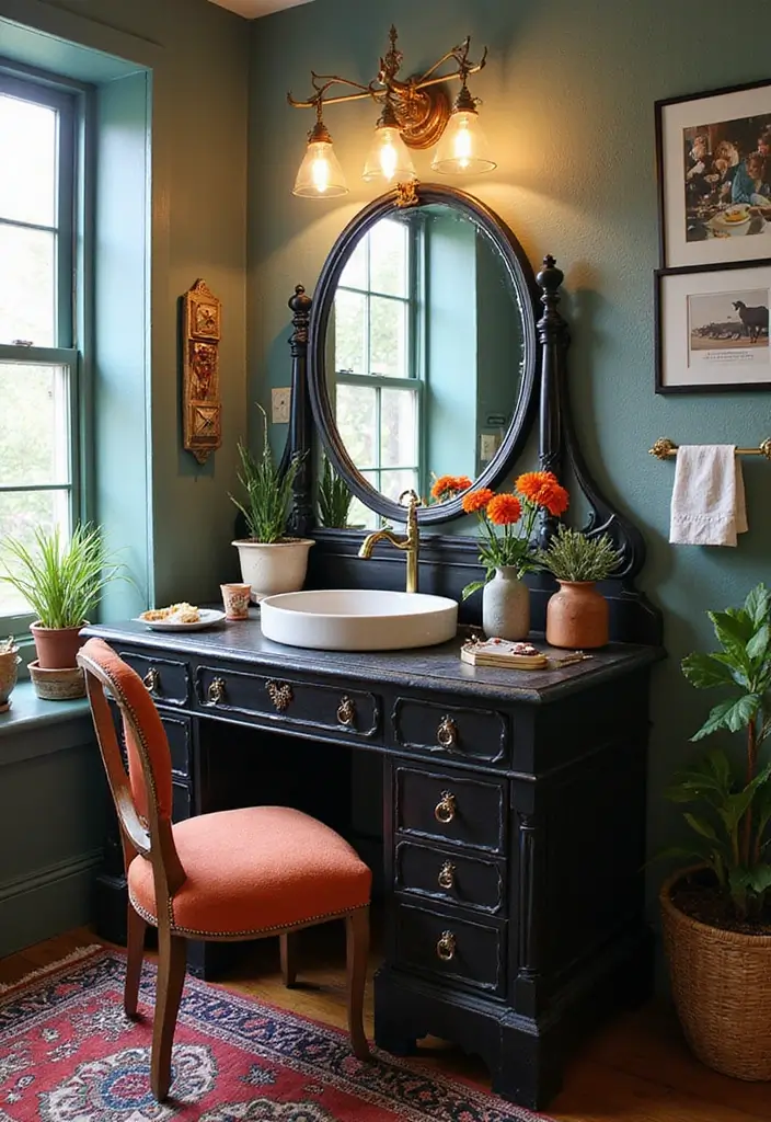 30 Vanity Ideas Bedroom Black That Add Bold Glamour - 3. Eclectic Vintage Vibe