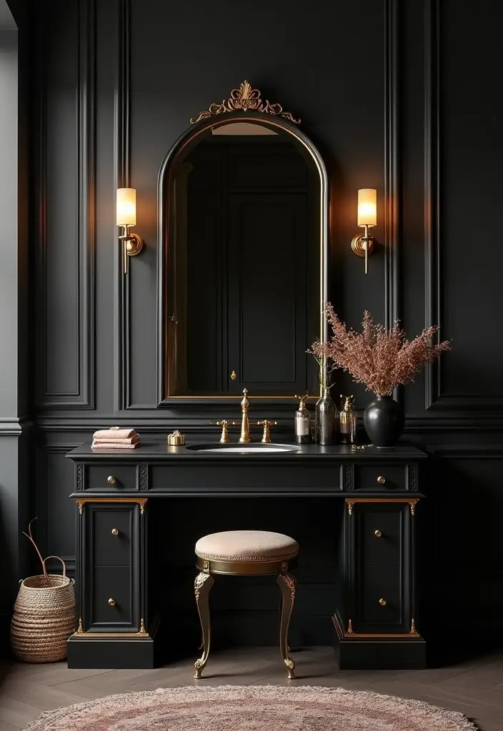30 Vanity Ideas Bedroom Black That Add Bold Glamour - 5. Luxe Black and Gold Accents