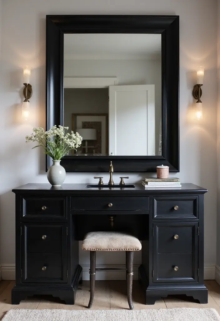30 Vanity Ideas Bedroom Black That Add Bold Glamour - 6. Bold Statement Mirror