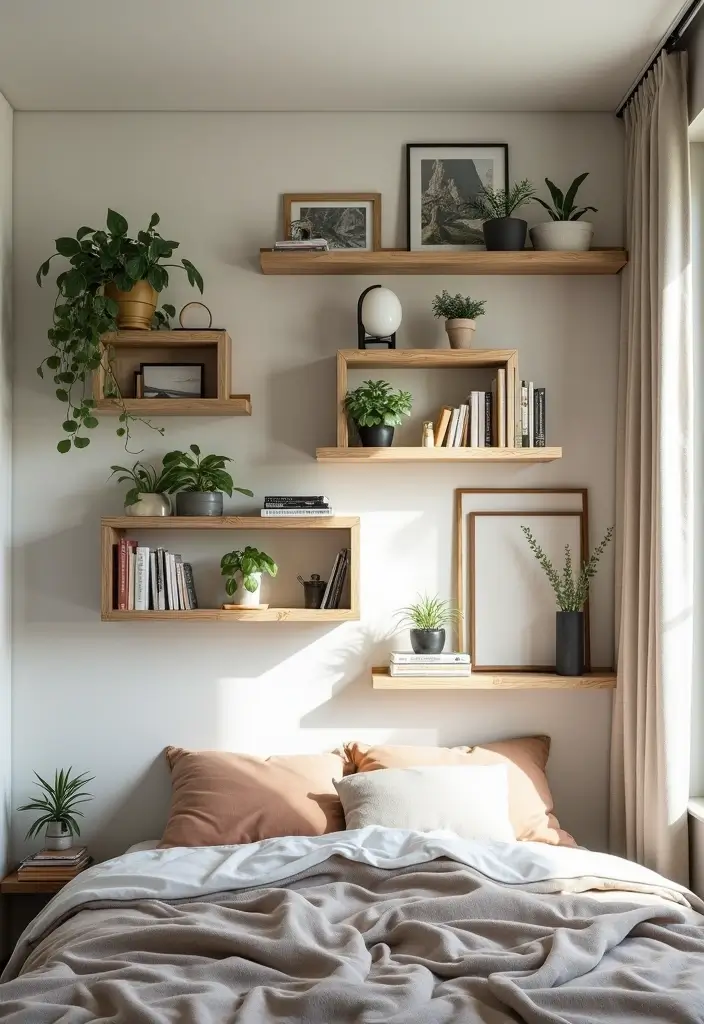 25 Aesthetic Small Bedroom Ideas That Look Bigger Instantly - 12. Creative Wall Shelving