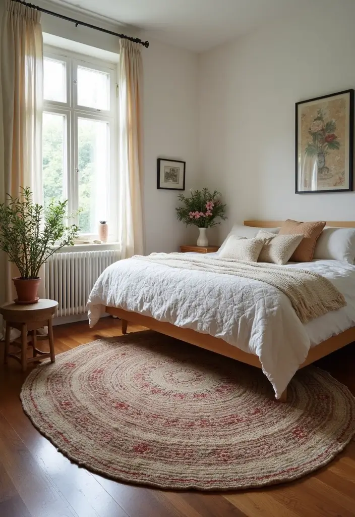 25 Aesthetic Small Bedroom Ideas That Look Bigger Instantly - 18. Smart Use of Area Rugs