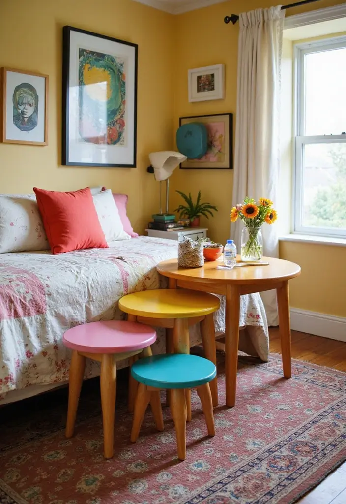 25 Bedroom Side Table Ideas That Look Cute & Functional - 13. Bohemian Stacked Tables
