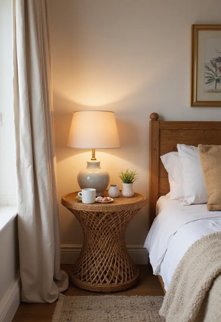 25 Bedroom Side Table Ideas That Look Cute & Functional - 4. Rattan or Wicker Tables