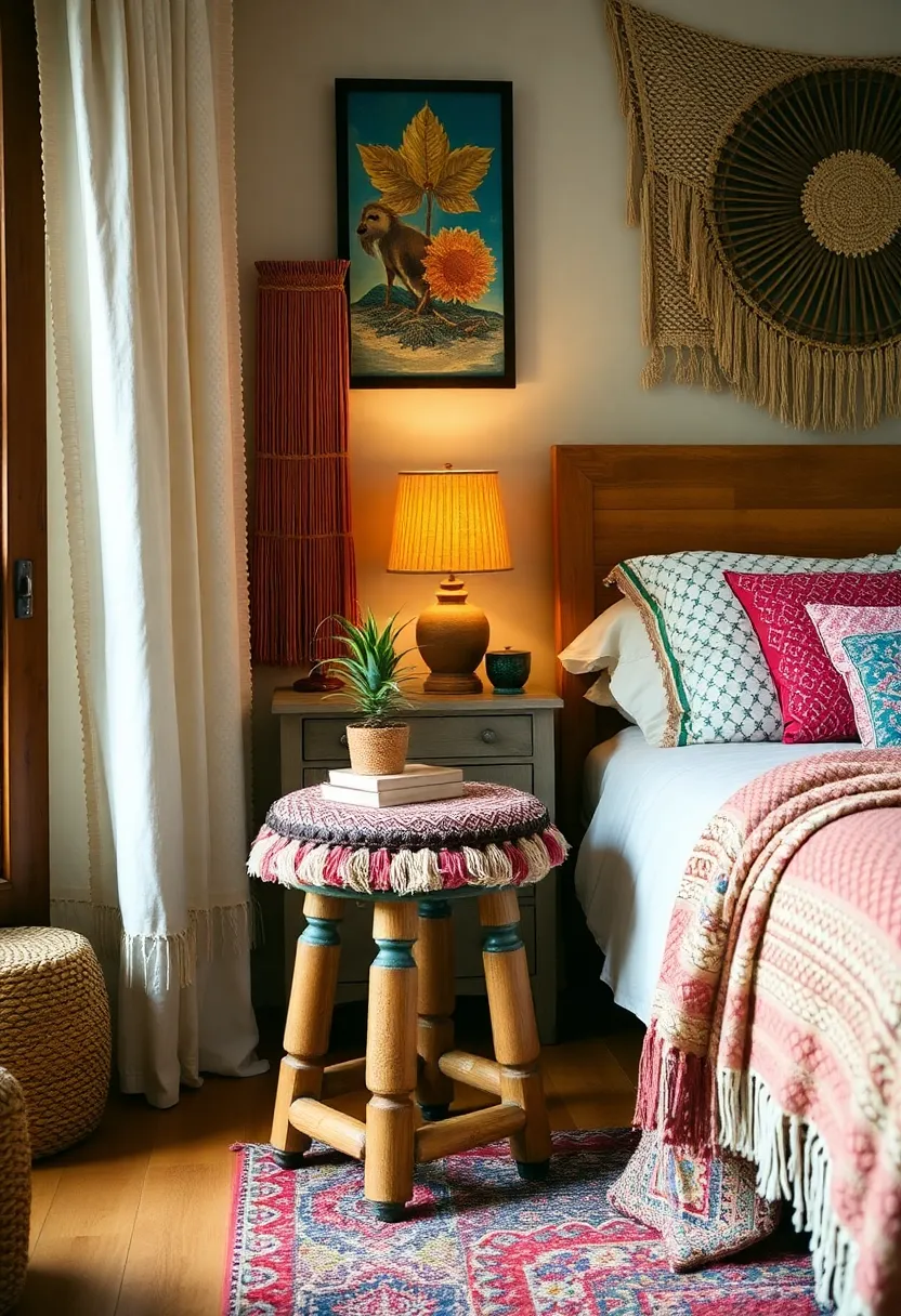 25 Bedroom Side Table Ideas That Look Cute & Functional - 8. Boho-Chic Stool