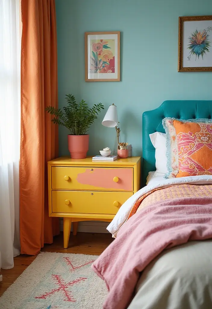 25 Bedroom Side Table Ideas That Look Cute & Functional - 9. Colorful Painted Nightstand