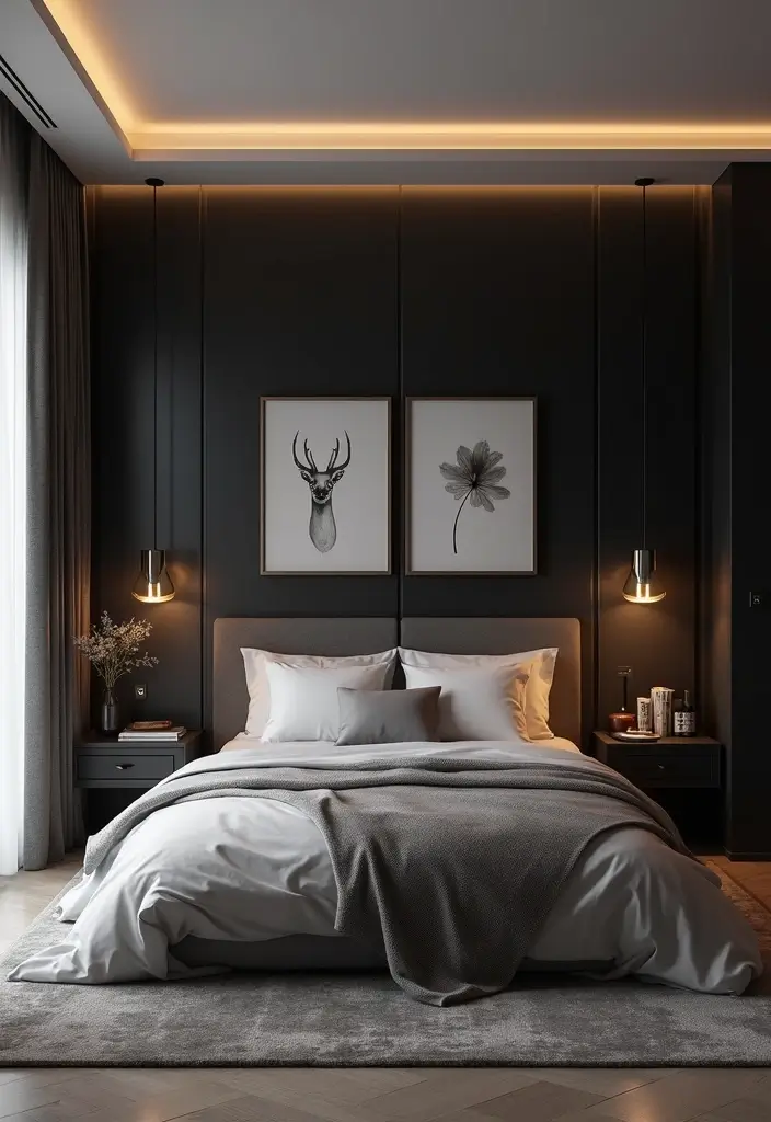 25 Black and Silver Bedroom Ideas That Feel Glamorous & Modern - 1. Bold Black Accent Wall