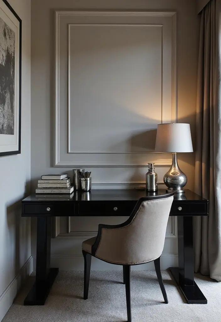 25 Black and Silver Bedroom Ideas That Feel Glamorous & Modern - 16. Chic Workspace Corner