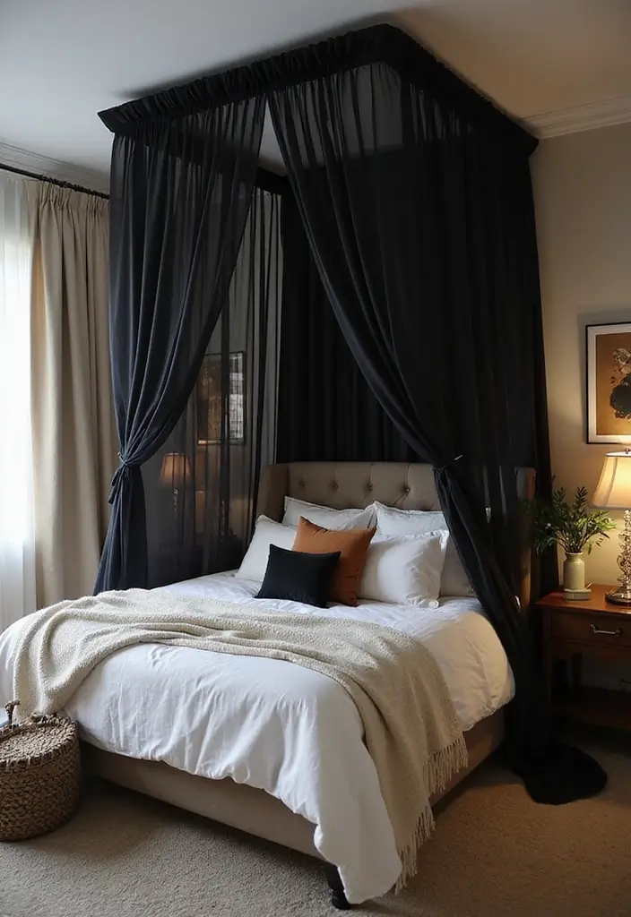 25 Black and Silver Bedroom Ideas That Feel Glamorous & Modern - 19. Elegant Bed Canopy