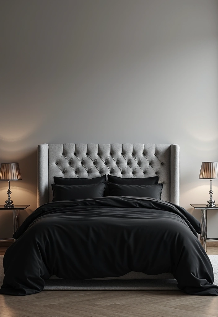 25 Black and Silver Bedroom Ideas That Feel Glamorous & Modern - 2. Silver Headboard Glam