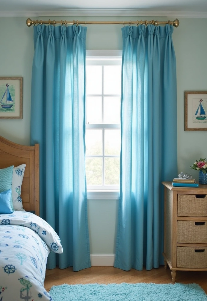 25 Blue Curtains Bedroom Ideas That Pull the Room Together - 13. Coastal Nautical Motifs