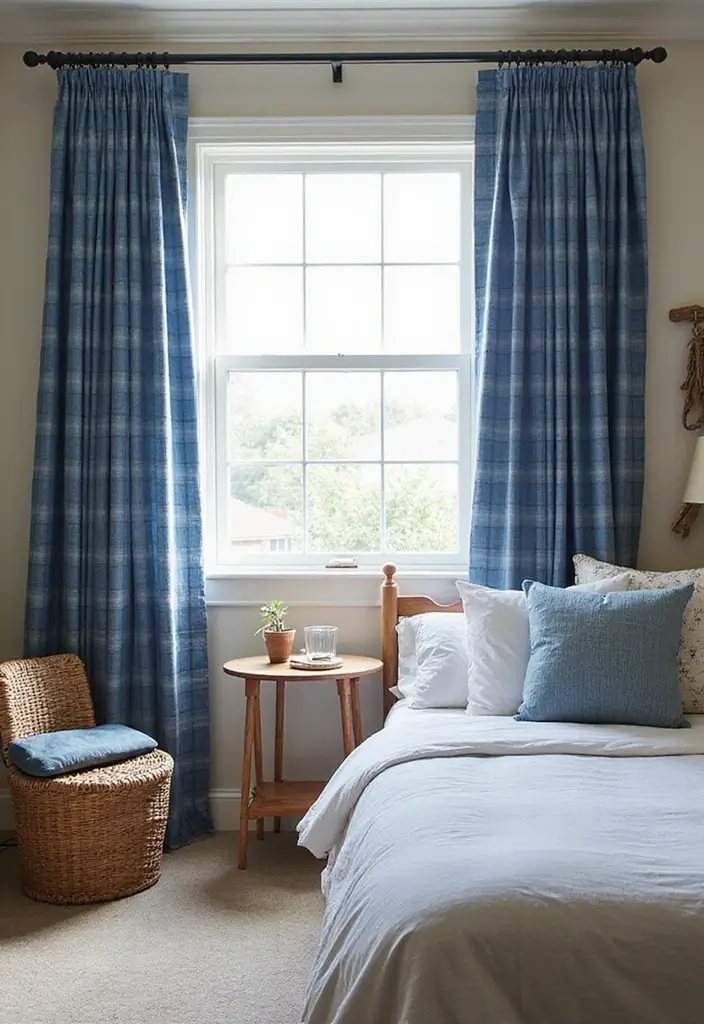 25 Blue Curtains Bedroom Ideas That Pull the Room Together - 17. Nautical Blue Plaid
