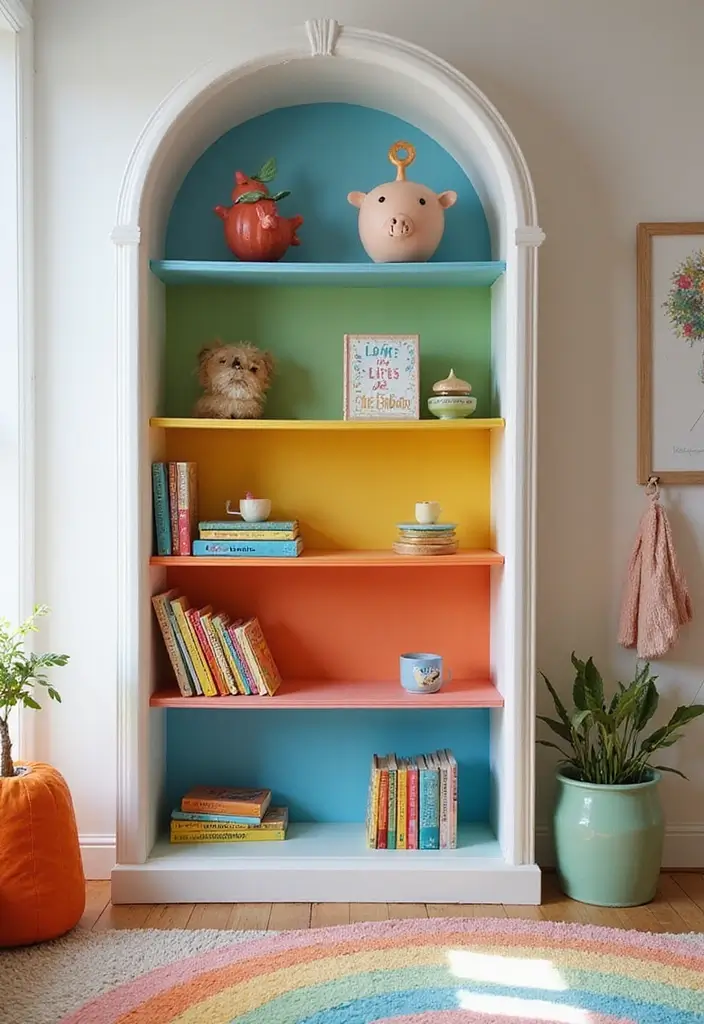 25 Rainbow Bedroom Ideas for Kids That Bring Joy to Every Corner - 18. Rainbow Inspired Bookshelf