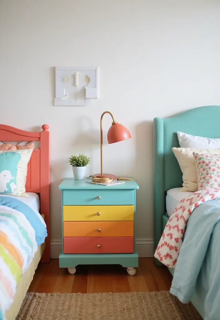 25 Rainbow Bedroom Ideas for Kids That Bring Joy to Every Corner - 21. Rainbow Themed Bedside Table