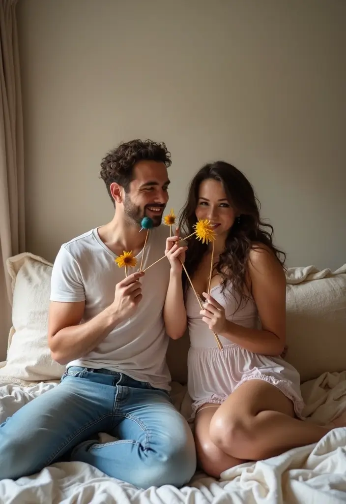 25 Spicy Couples Photoshoot Ideas in Bedroom That Turn Up the Heat - 12. Whimsical Props