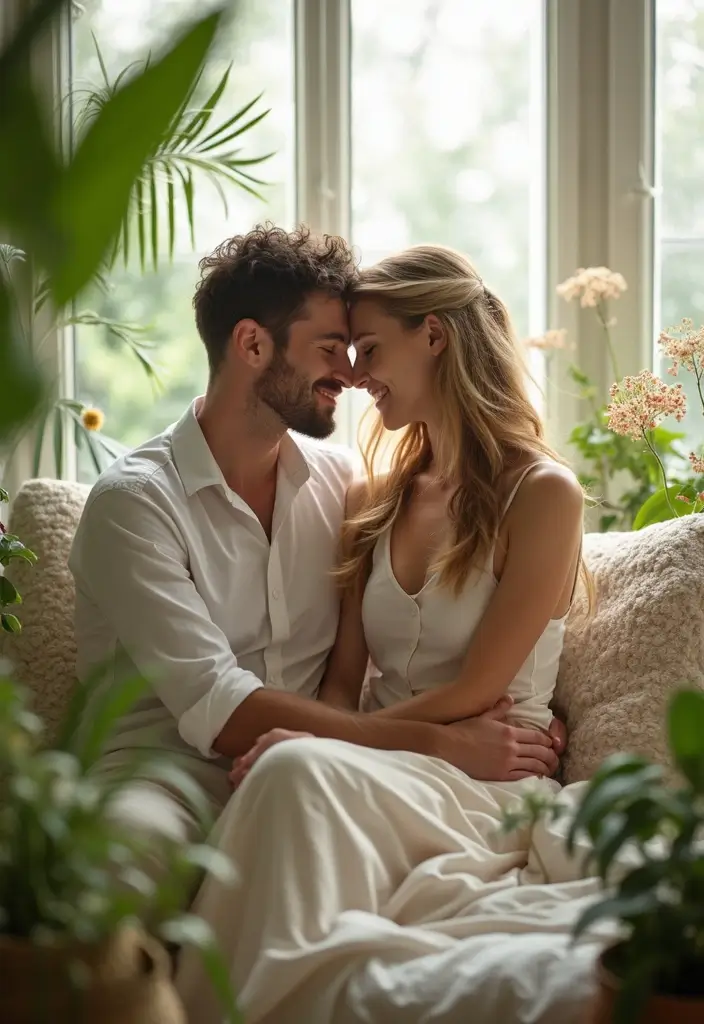 25 Spicy Couples Photoshoot Ideas in Bedroom That Turn Up the Heat - 16. A Touch of Nature