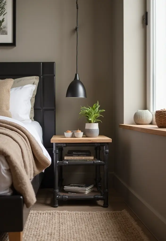 26 Small Bedroom Side Table Ideas That Feel Smart & Stylish - 10. Industrial Pipe Side Tables