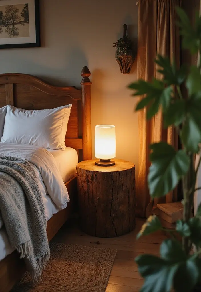 26 Small Bedroom Side Table Ideas That Feel Smart & Stylish - 5. Tree Stump Tables for Natural Appeal