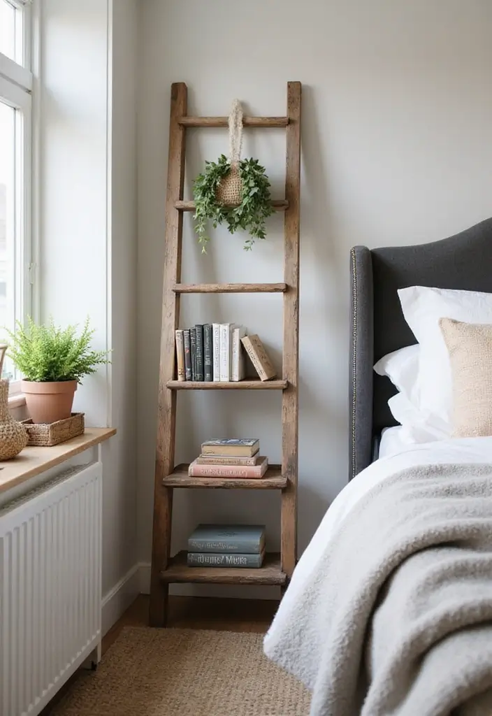 26 Small Bedroom Side Table Ideas That Feel Smart & Stylish - 7. Rustic Ladder as a Side Table
