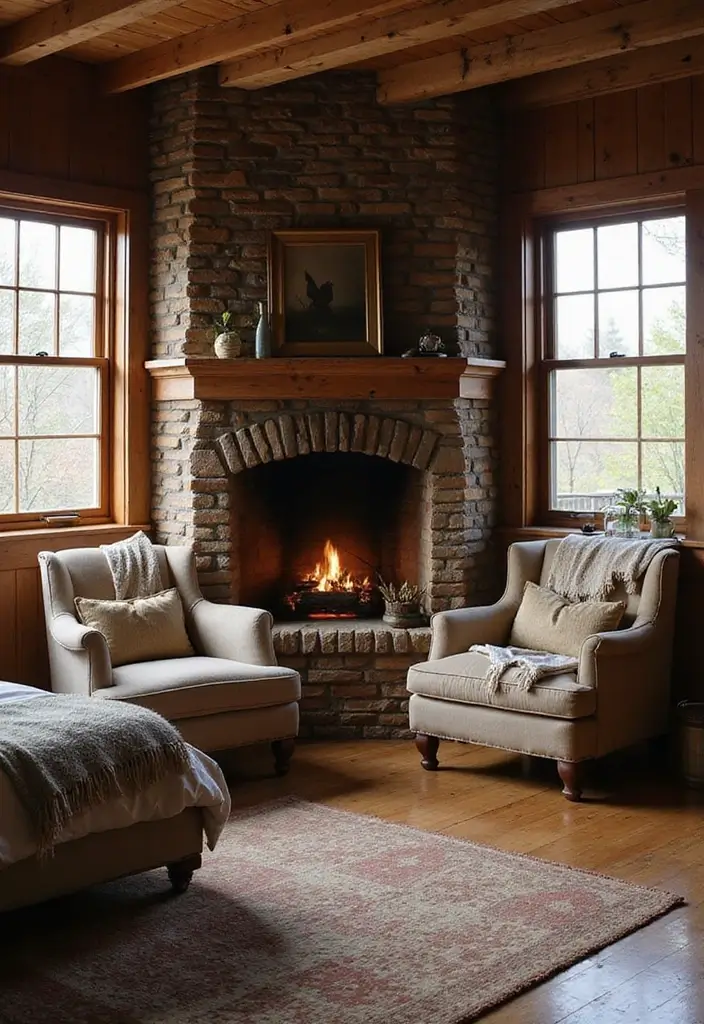 28 Rustic Brown Bedroom Ideas That Bring Natural Warmth - 25. Chimney Corner Seating